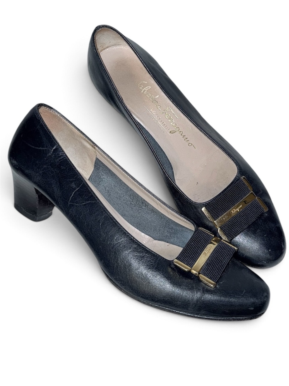 Salvatore Ferragamo Navy Blue Vintage Bow Low Heel Pumps Size 6.5